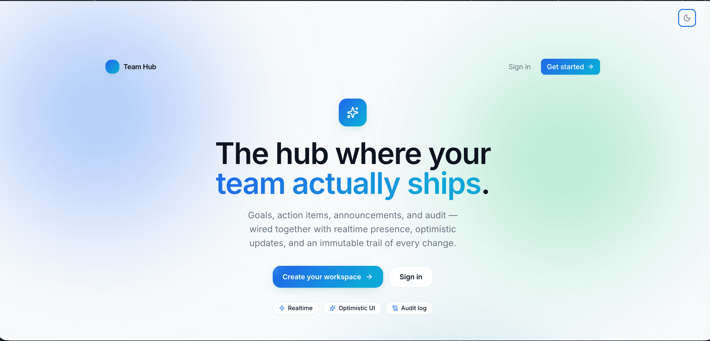 Team Hub landing page (light mode)