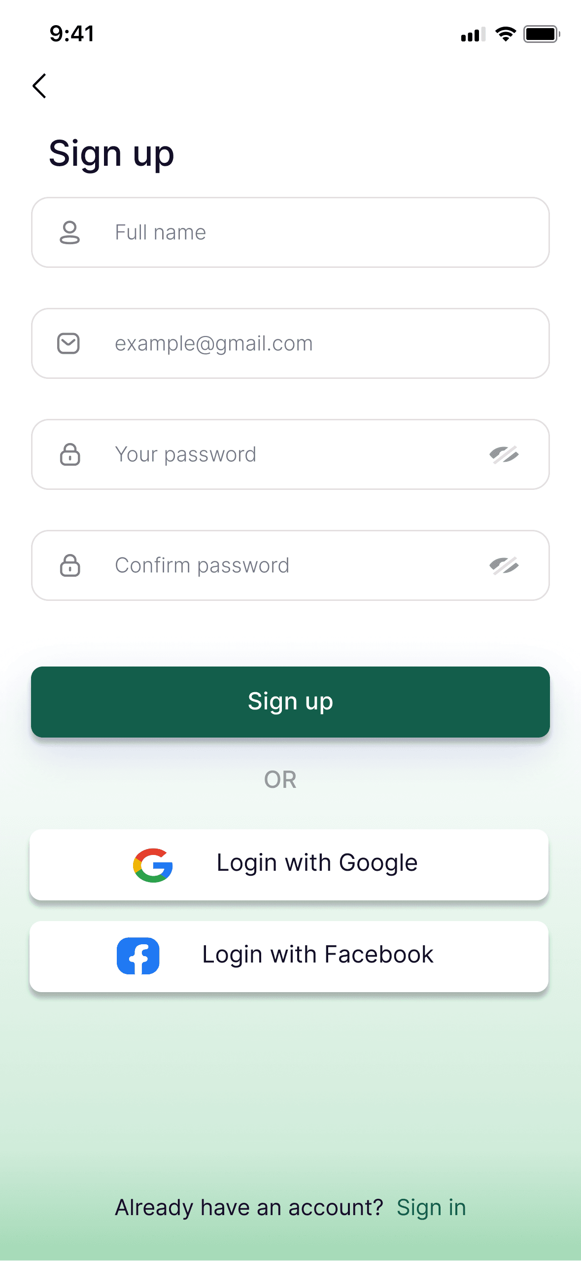 Sign up screen